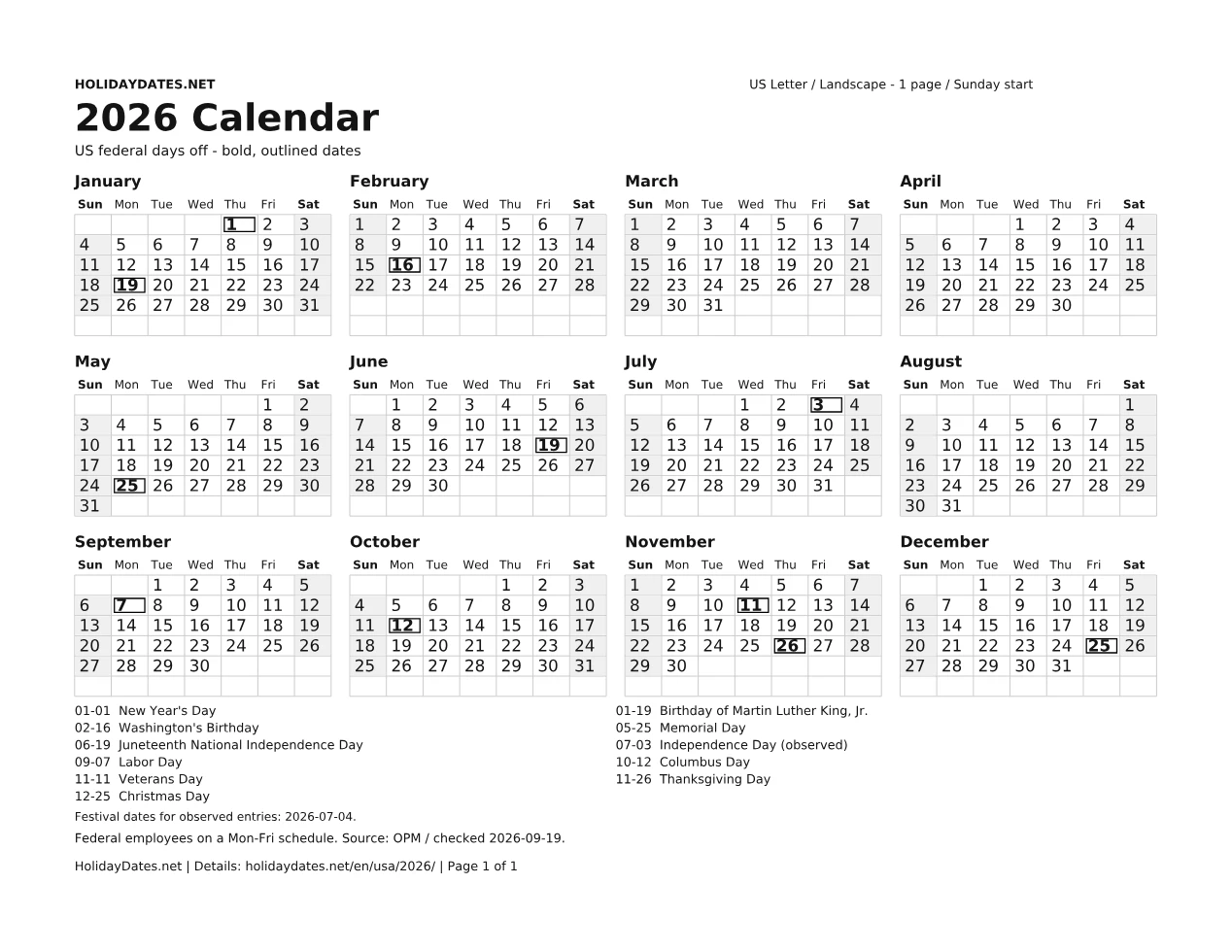 2026 US federal holiday calendar, letter, page 1 of 1