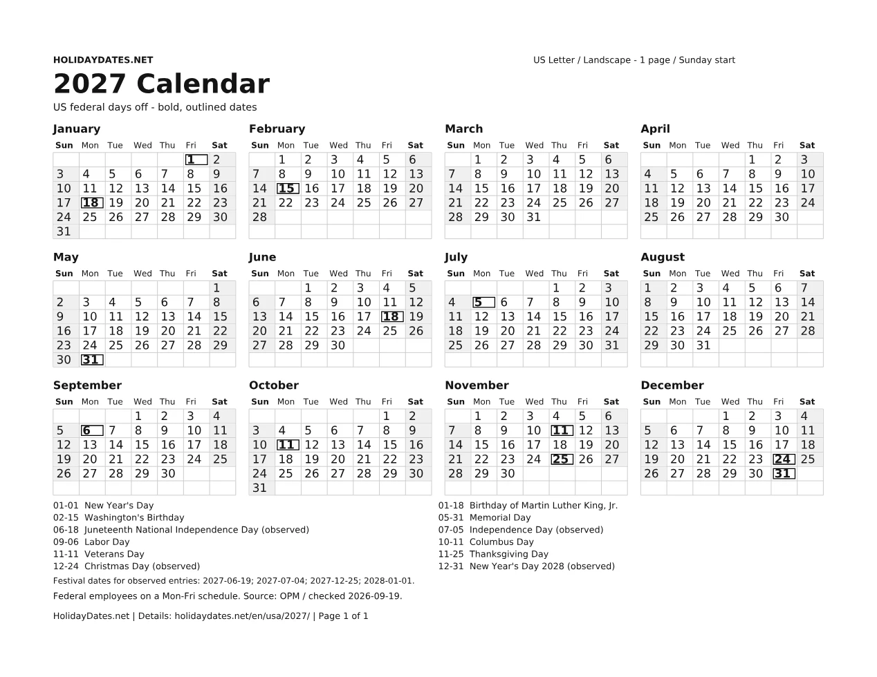 2027 US federal holiday calendar, letter, page 1 of 1